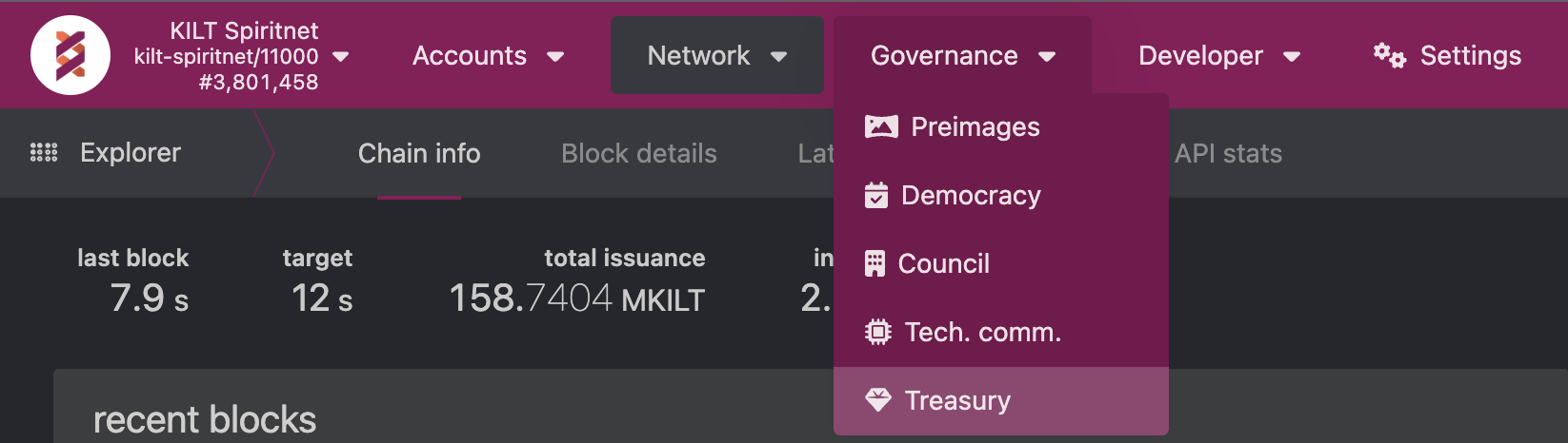 A screenshot showing the Treasury options from the Governance menu